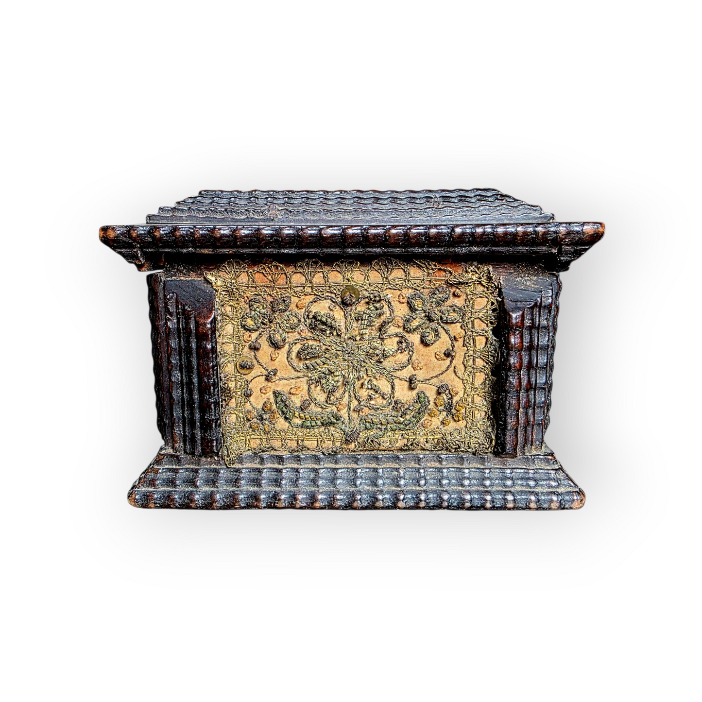 Early 17th-Century Continental Table-Top Box with Stumpwork Embroidery | Only 5 Inches Wide