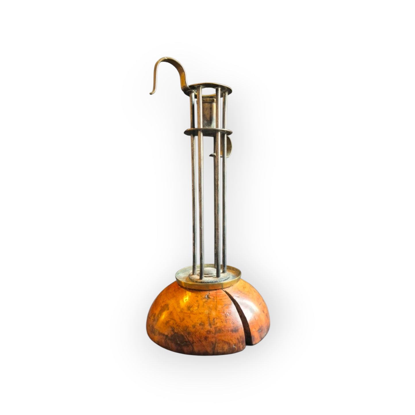 18th Century Adjustable Brass Birdcage Candleholder on Domed Pearwood Base