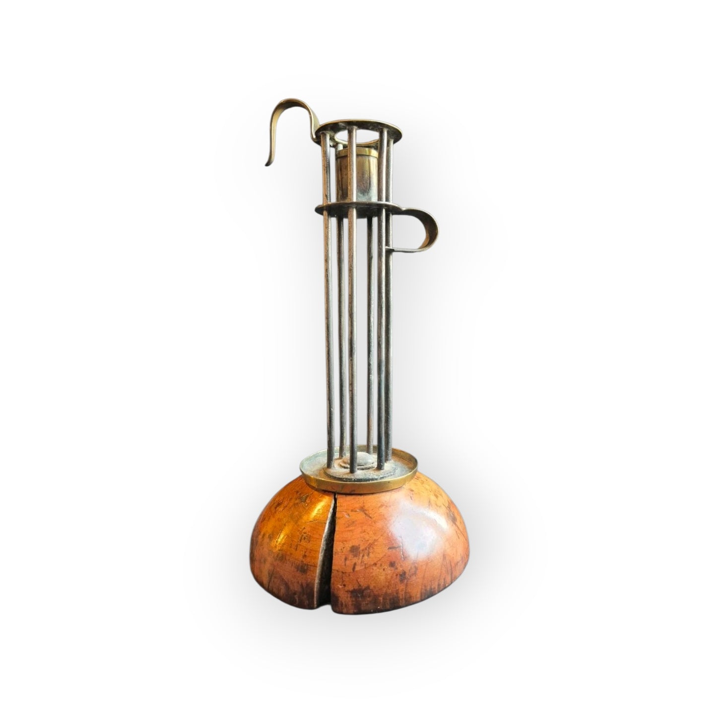 18th Century Adjustable Brass Birdcage Candleholder on Domed Pearwood Base