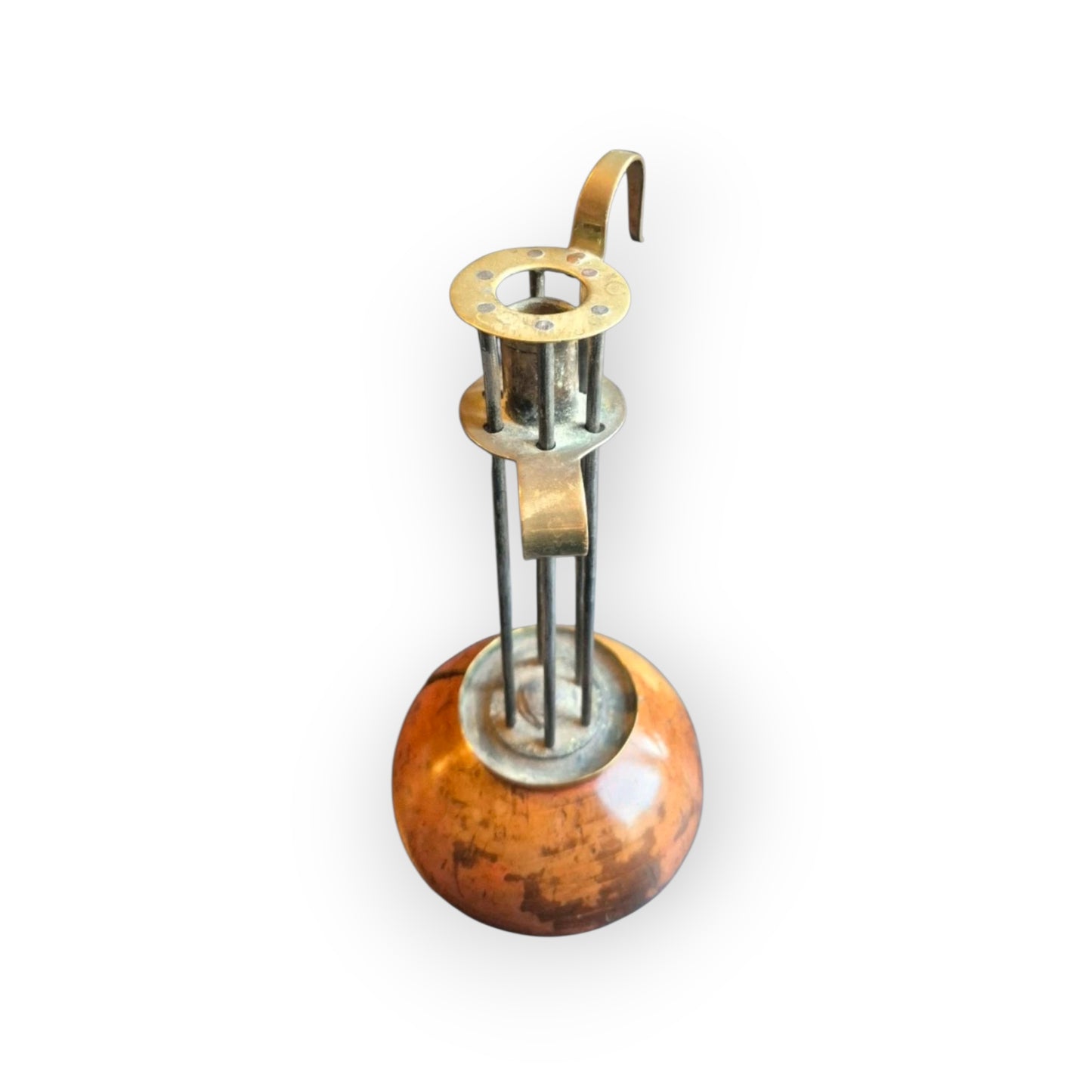 18th Century Adjustable Brass Birdcage Candleholder on Domed Pearwood Base