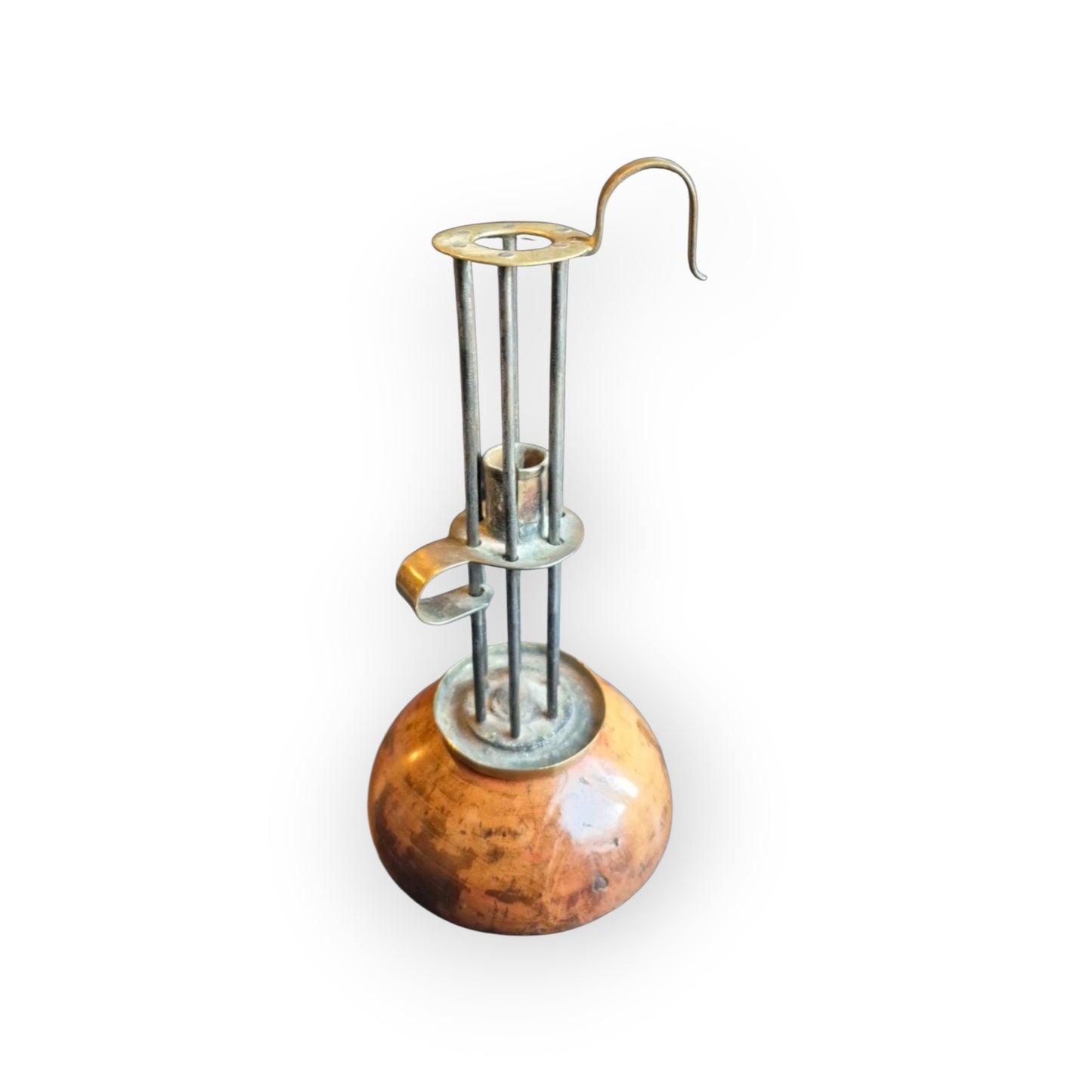 18th Century Adjustable Brass Birdcage Candleholder on Domed Pearwood Base