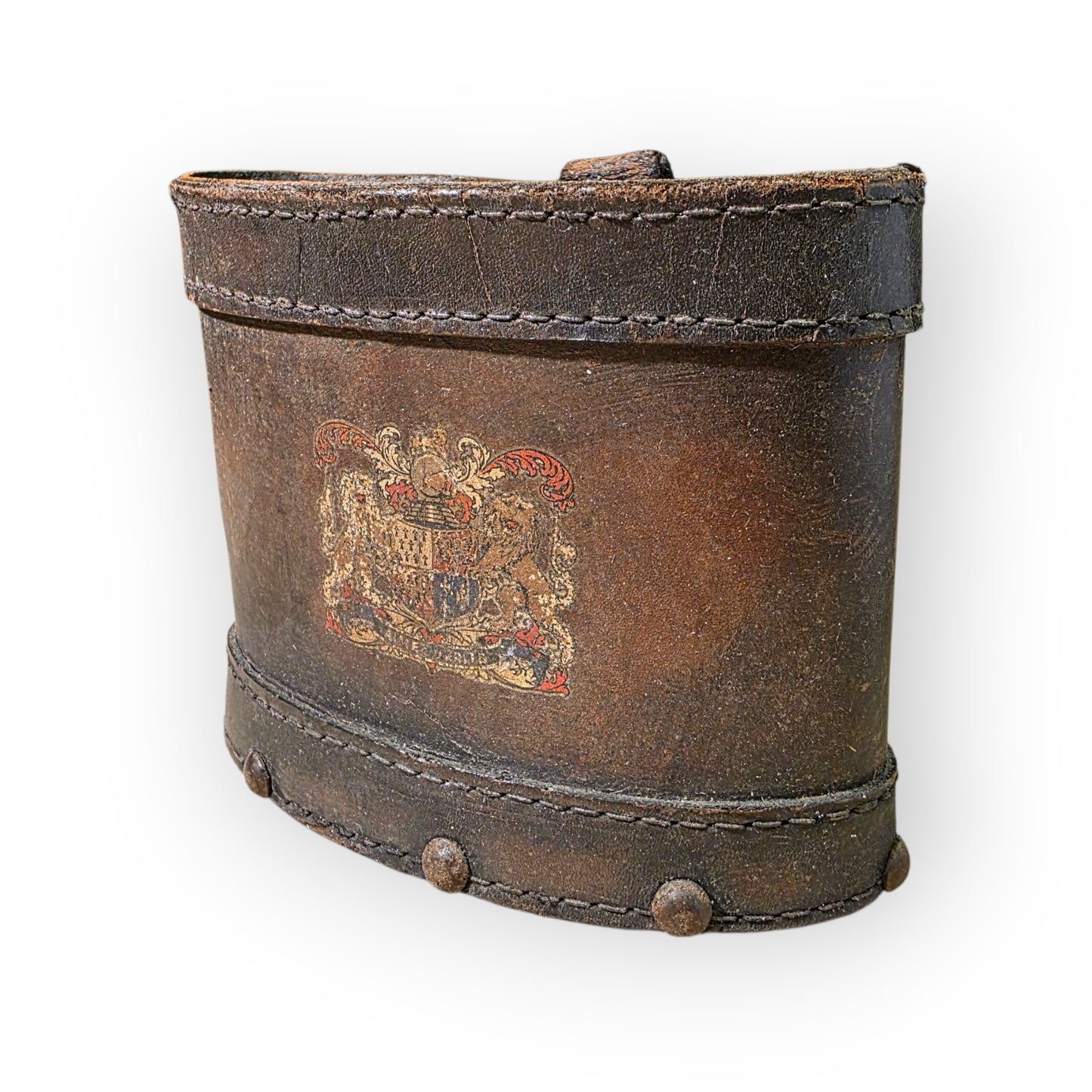 19th Century English Antique Leather Shot Carrier with Beaufort Family Coat of Arms – “Amez Verite” ("Love Truth")
