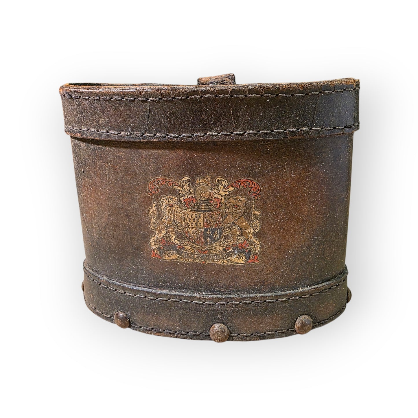 19th Century English Antique Leather Shot Carrier with Beaufort Family Coat of Arms – “Amez Verite” ("Love Truth")