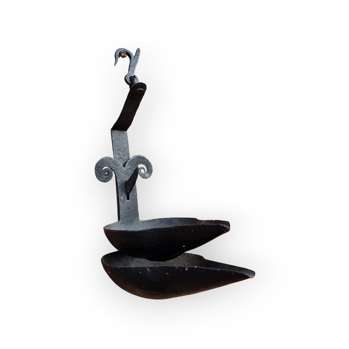 18th-Century Scottish Antique Double-Valve "Ramshead" Wrought Iron Cruisie Lamp