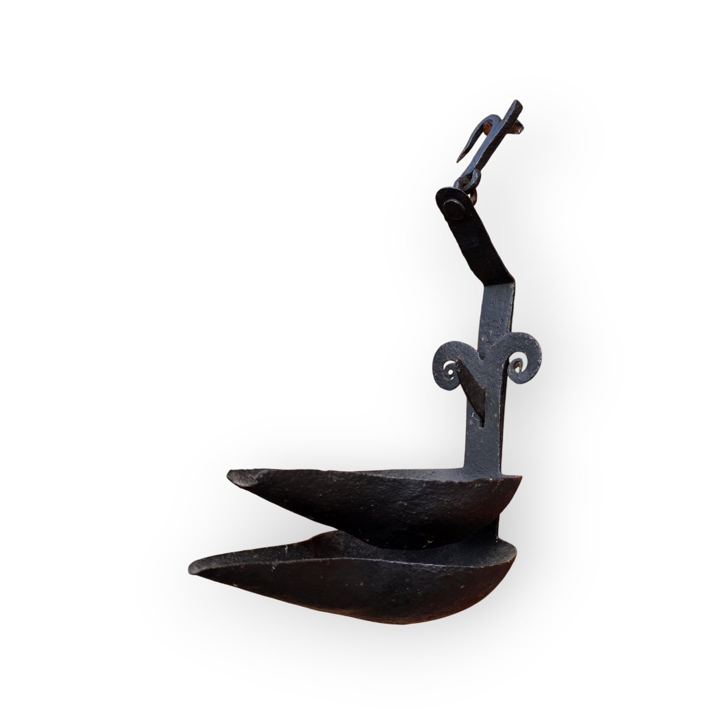 18th-Century Scottish Antique Double-Valve "Ramshead" Wrought Iron Cruisie Lamp