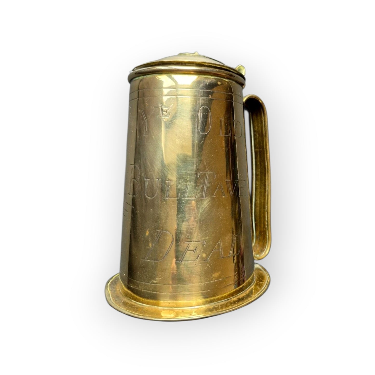 Early 19th-Century English Antique Brass Tankard Inscribed "Ye Olde Bull Tavern - Deal"
