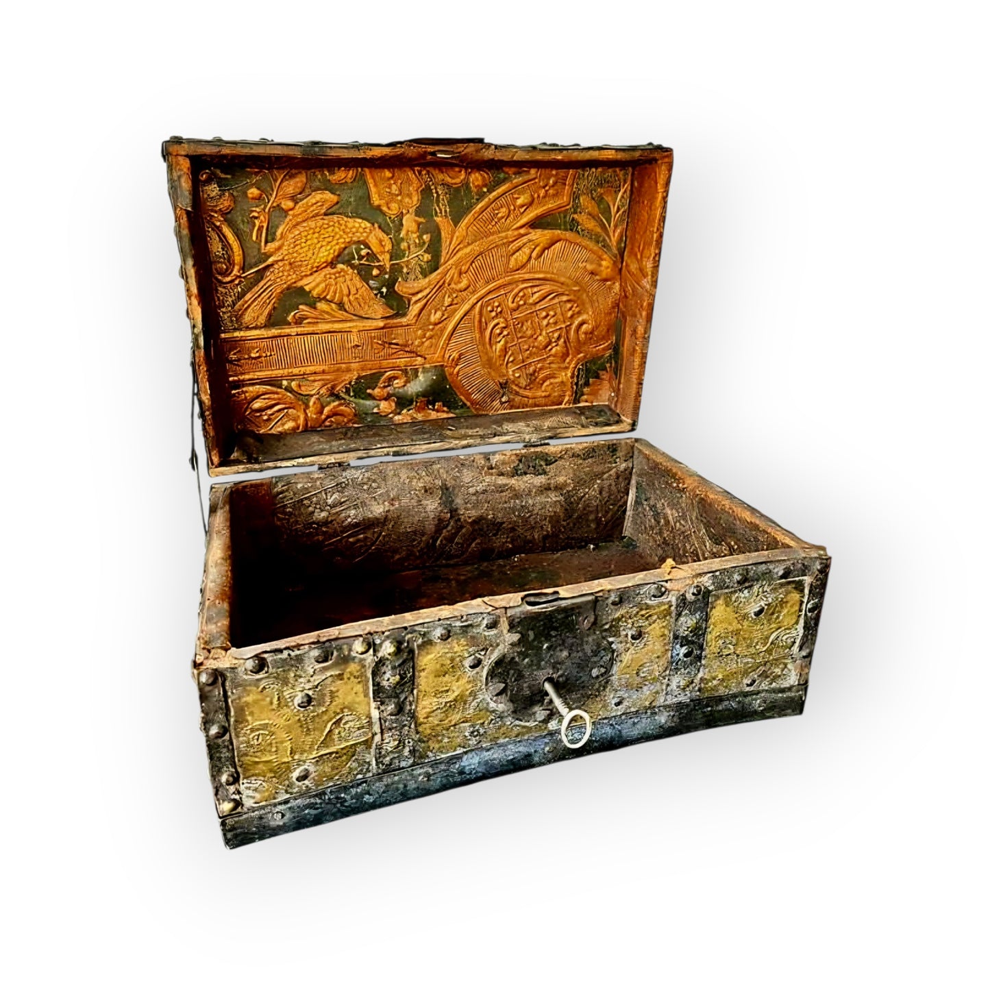 Mid 17thC Spanish Antique Leather and Iron-Bound Box