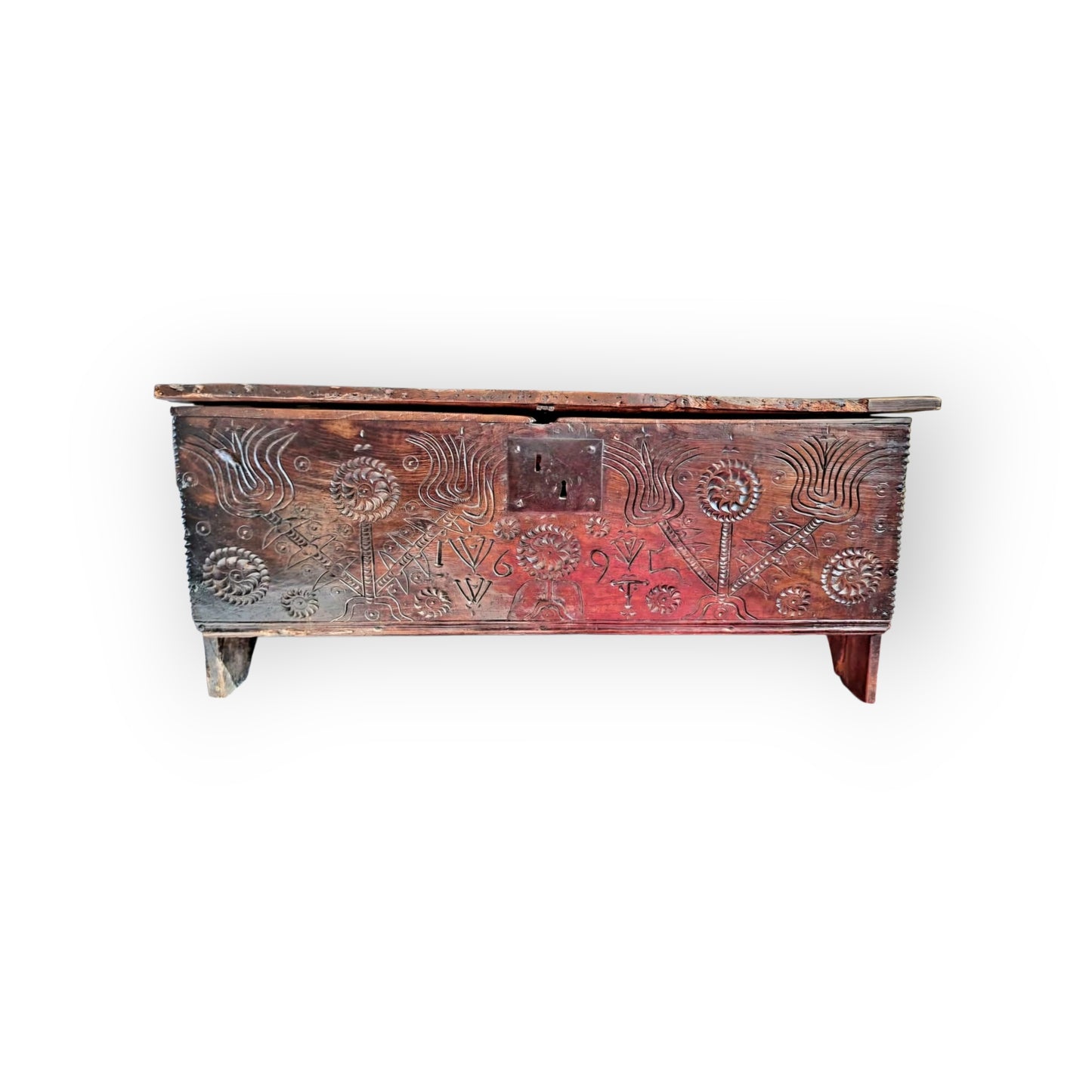 Late 17th-Century English Antique Oak Six-Plank Boarded Chest Dated "1695"