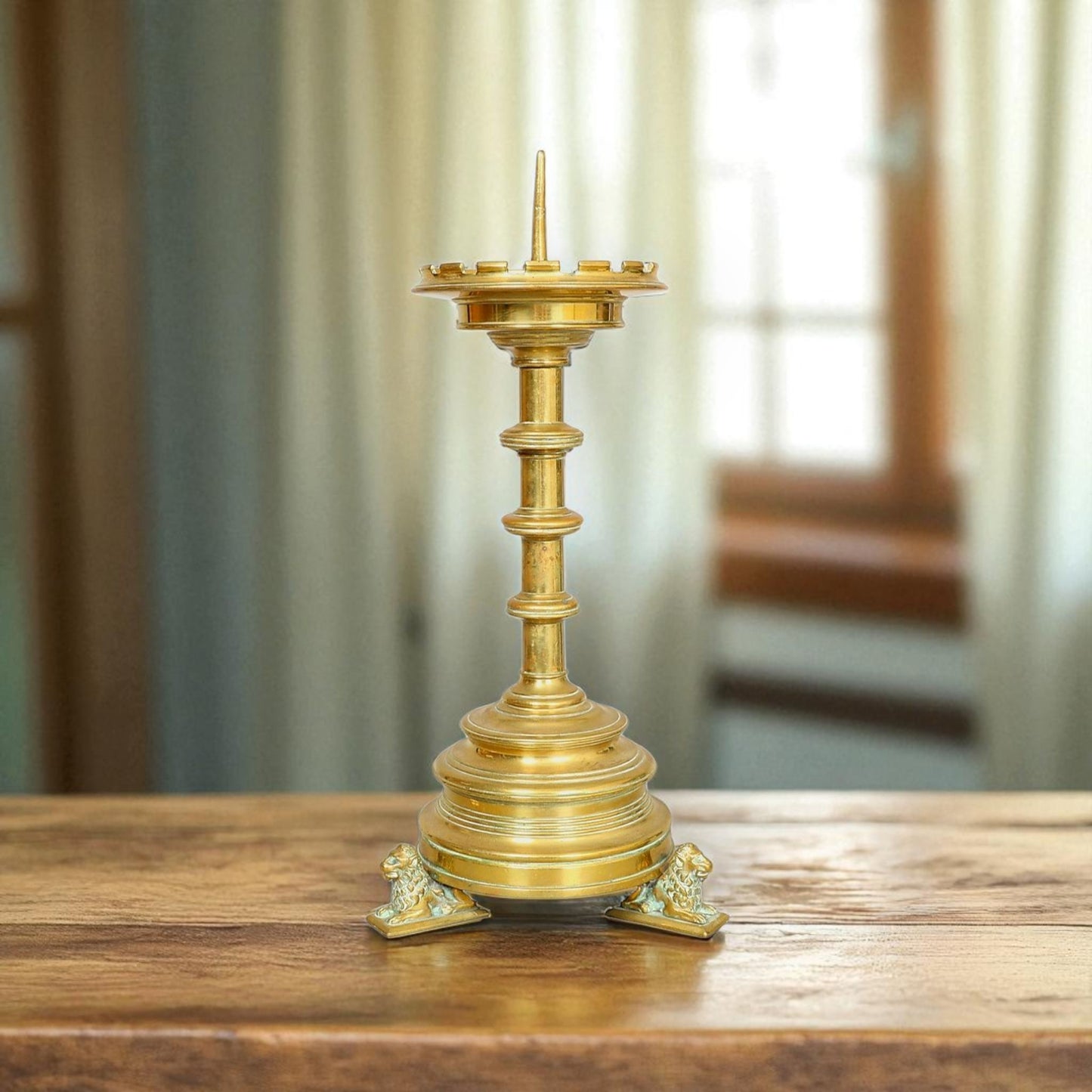 Large Mid-to-Late 19th-Century English Antique Brass Gothic Revival Pricket Candlestick