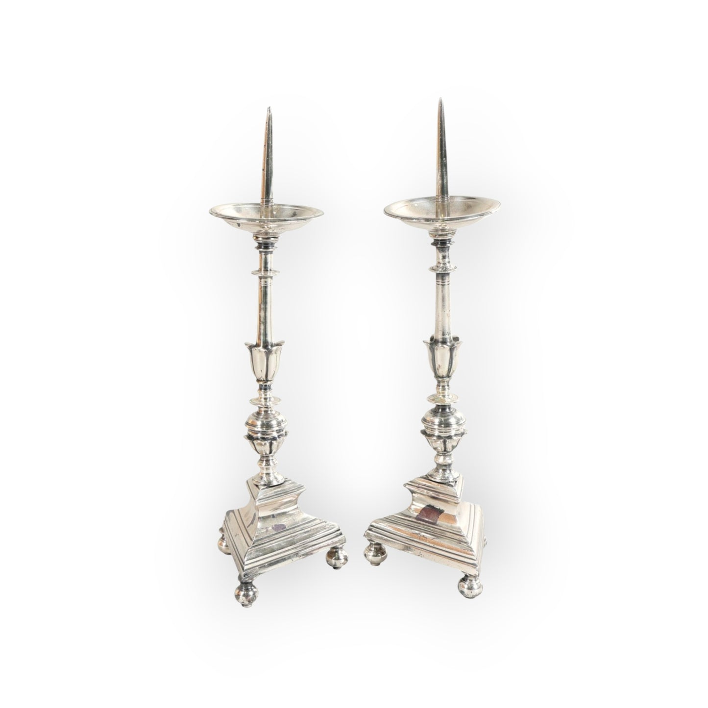 A Fine Pair Of Large 18th-Century French Antique Silver-Plated Pricket Candlesticks