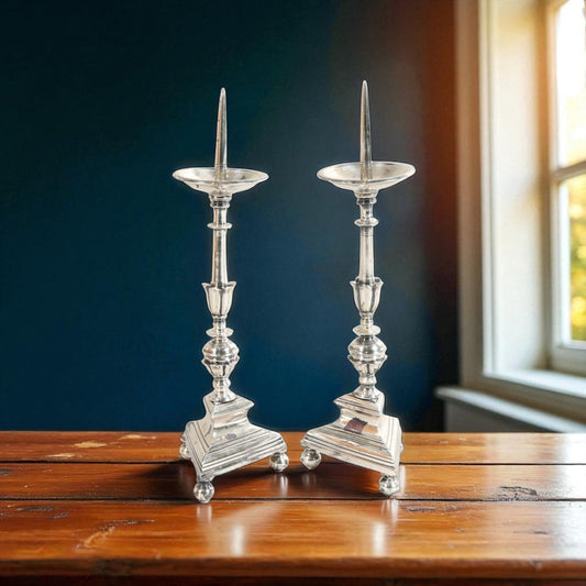 A Fine Pair Of Large 18th-Century French Antique Silver-Plated Pricket Candlesticks