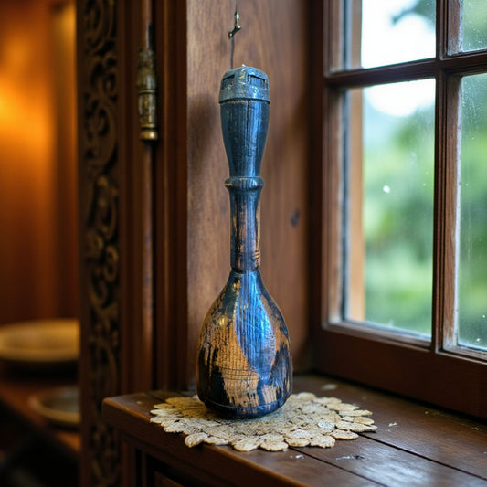 A Rare, Late, 17th-Century English Antique Treen / Turned Wooden Candlestick Made From Ash With Inlaid Pewter Candle Holder