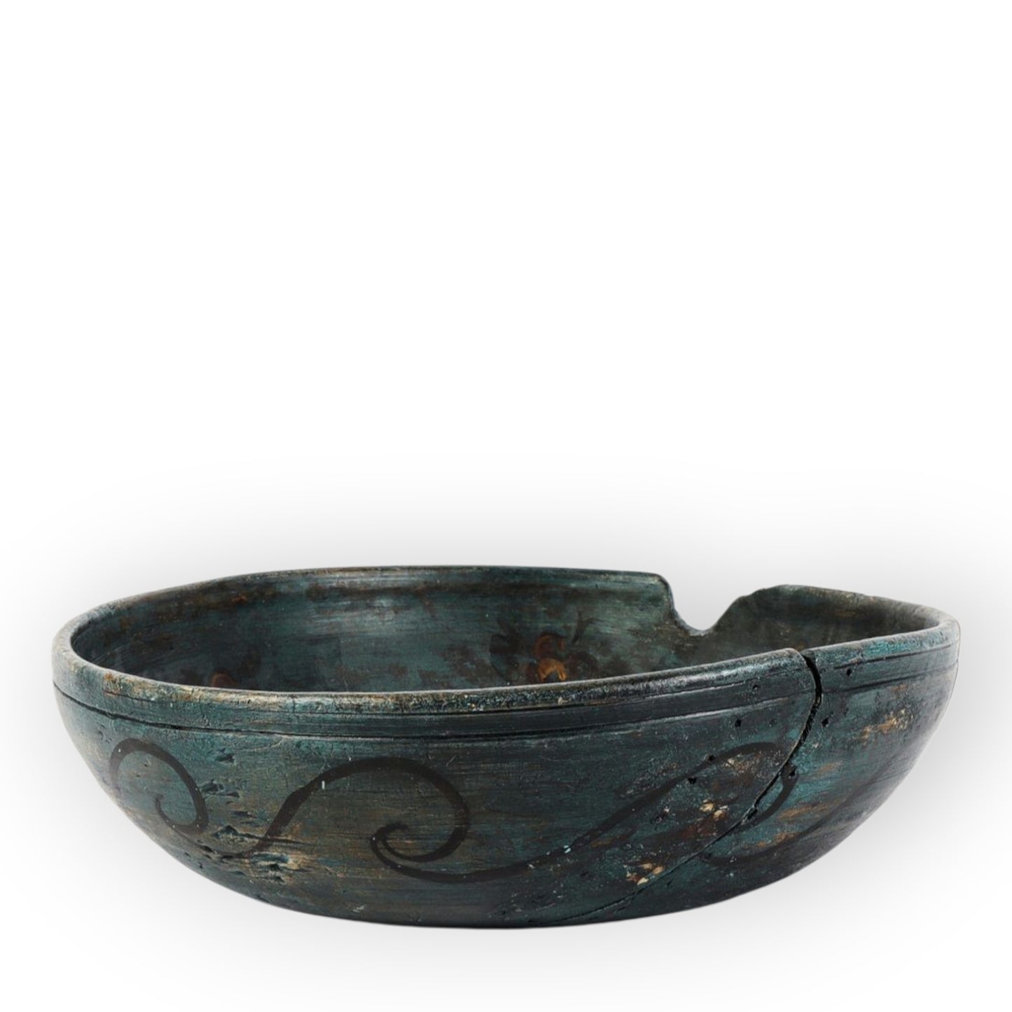 18th-Century Antique Folk-Art-Decorated Turned Wooden Dairy Bowl In Original Paint