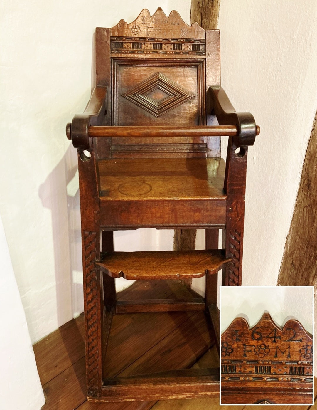 17th-Century Style, English Antique Oak Child's Highchair, Bearing The Initials "RCM" & Dated "1872"