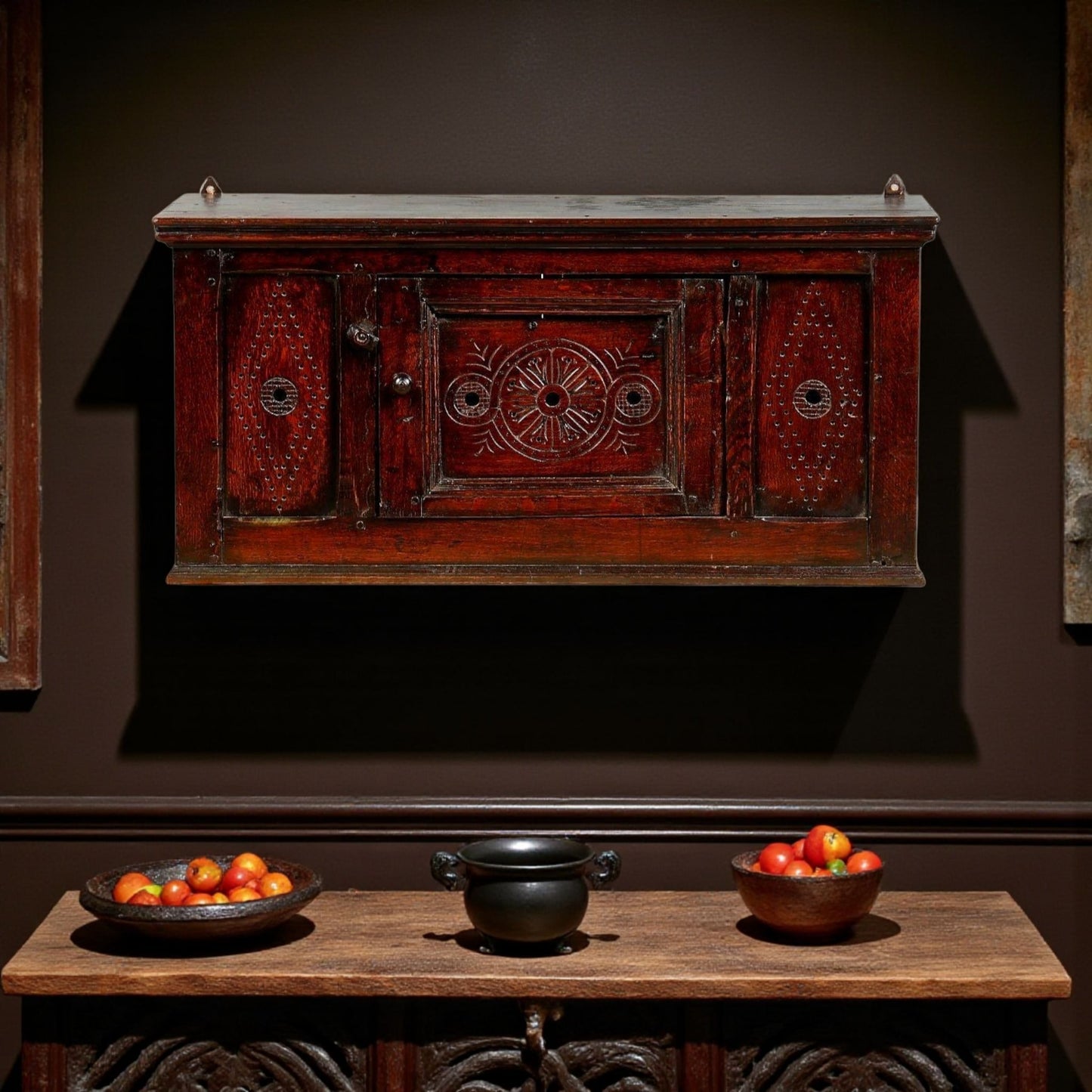 17th-Century English Antique Oak Ventilated Wall Cupboard / Mural Cupboard