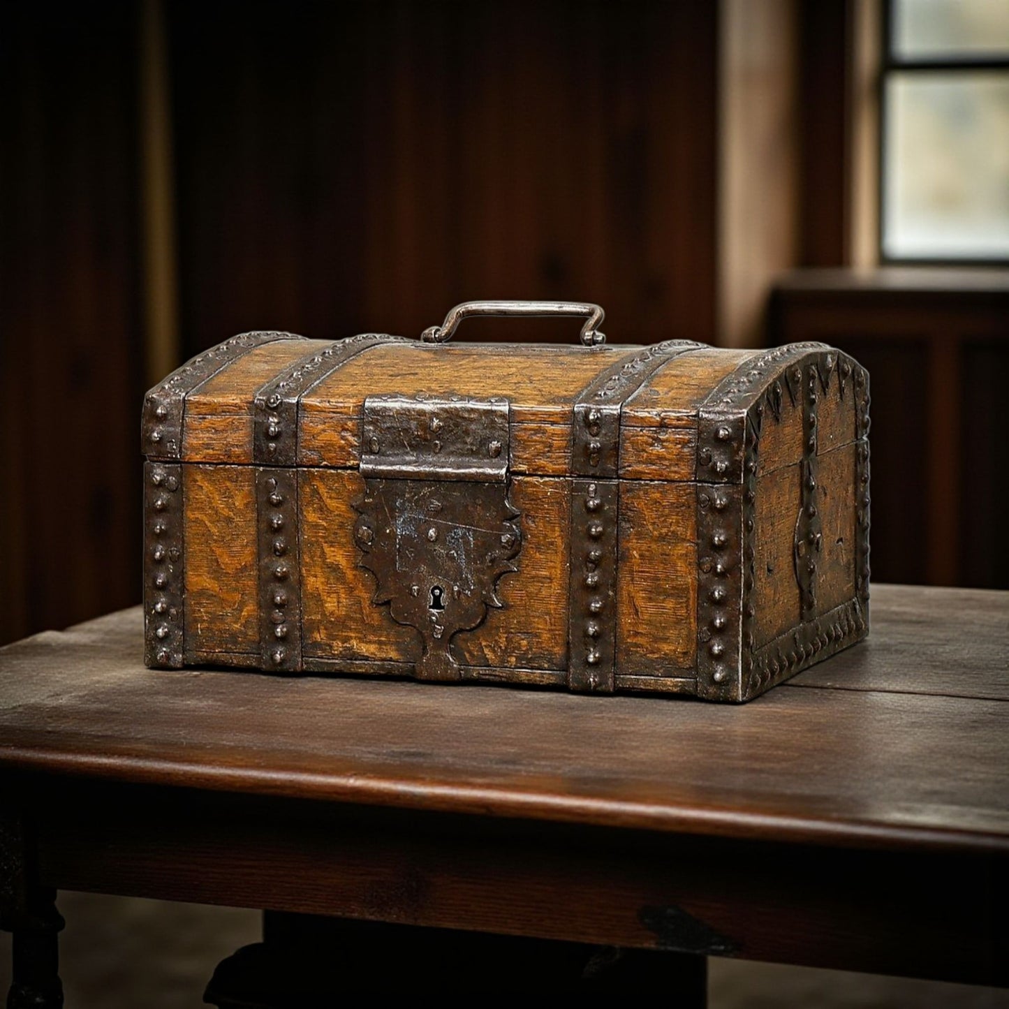 17th-Century Antique Oak Table Top Box With Iron Bindings