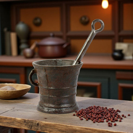 17th-Century Antique Cast Iron Mortar & Associated Pestle