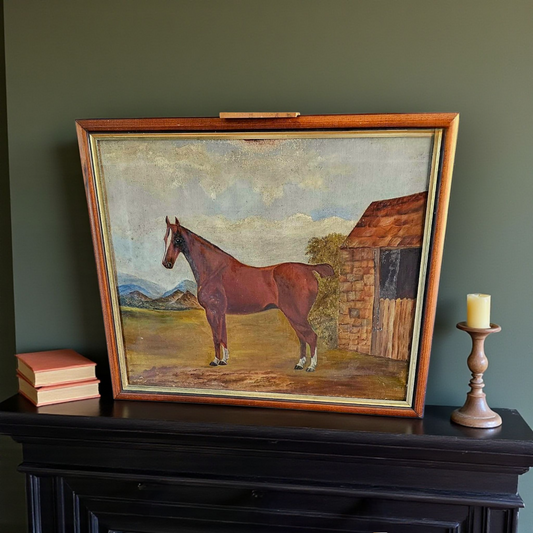 A Primitive 19th-Century English Antique Oil On Canvas Painting / Portrait Of A Bay Horse