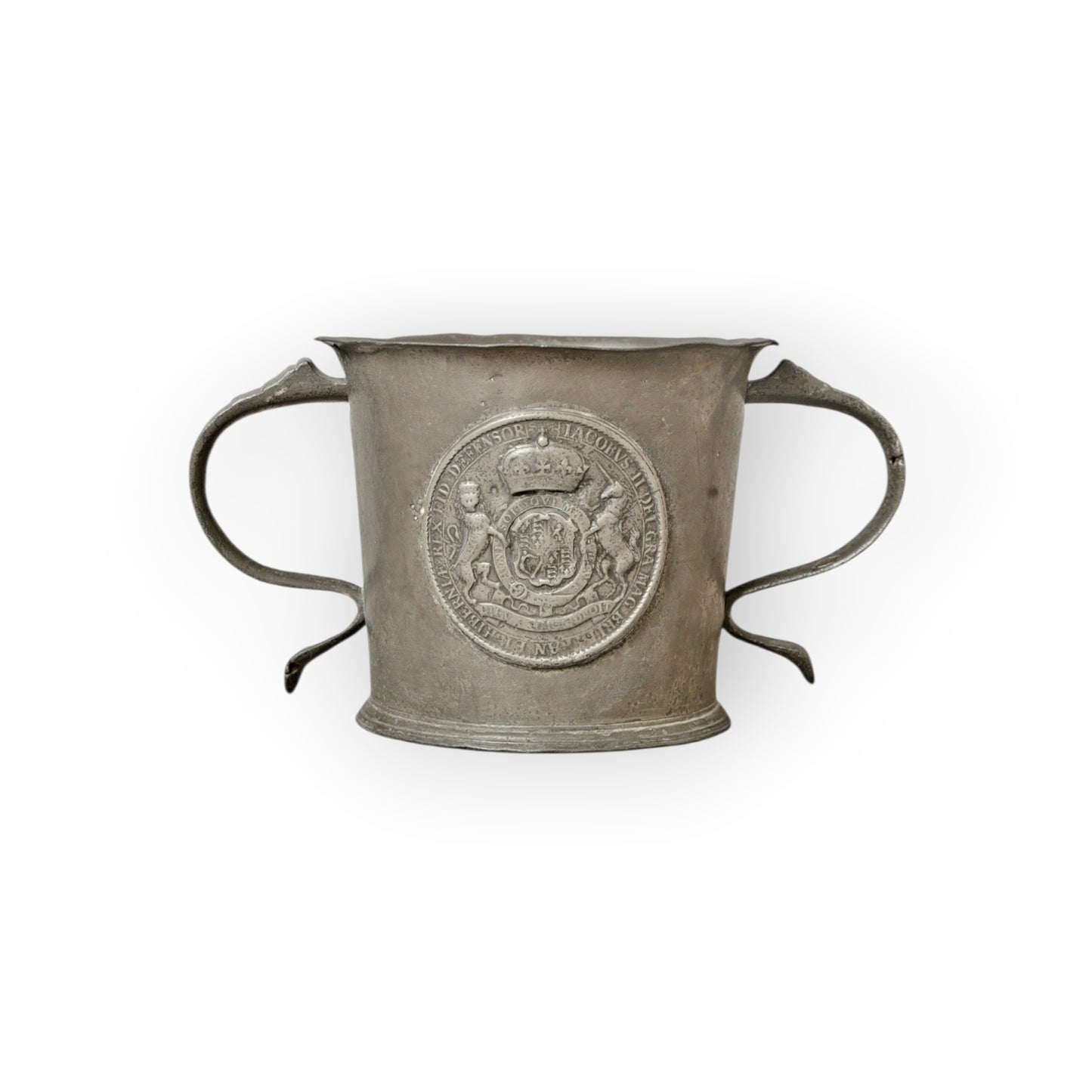 Large 17th Century English Antique Pewter Twin‑Handled Loving Cup with James II Medallion, circa 1685-1688