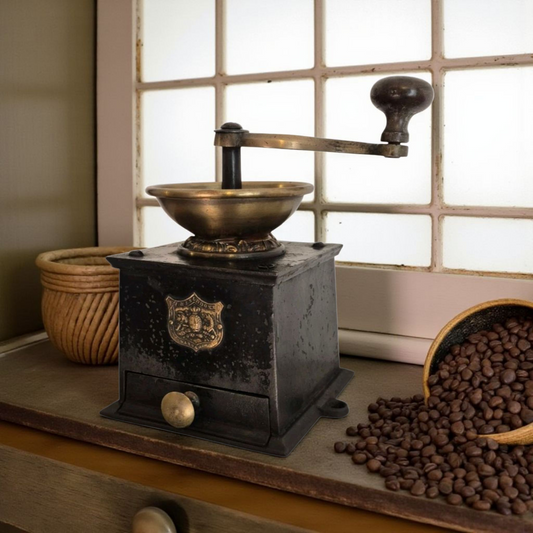 A Good Example Of A 19th-Century English Antique Cast Iron & Brass Coffee Grinder / Mill by J & J Siddons