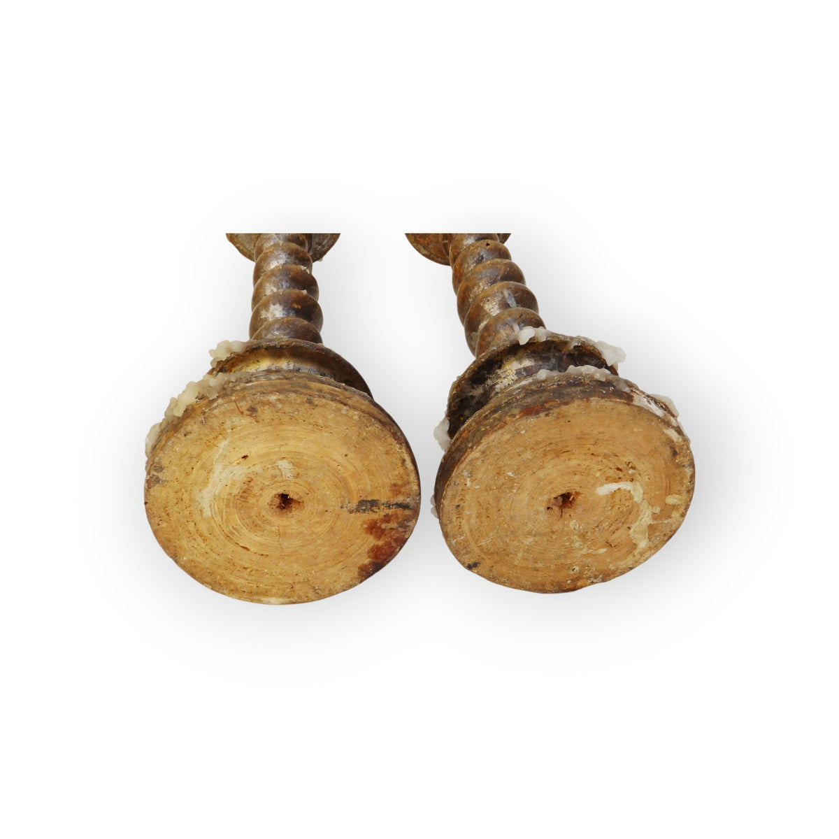 A Pair of 18th Century Continental Antique Giltwood and Silvered Wood Spiral-Twist Pricket Candlesticks, Probably Italian or Iberian