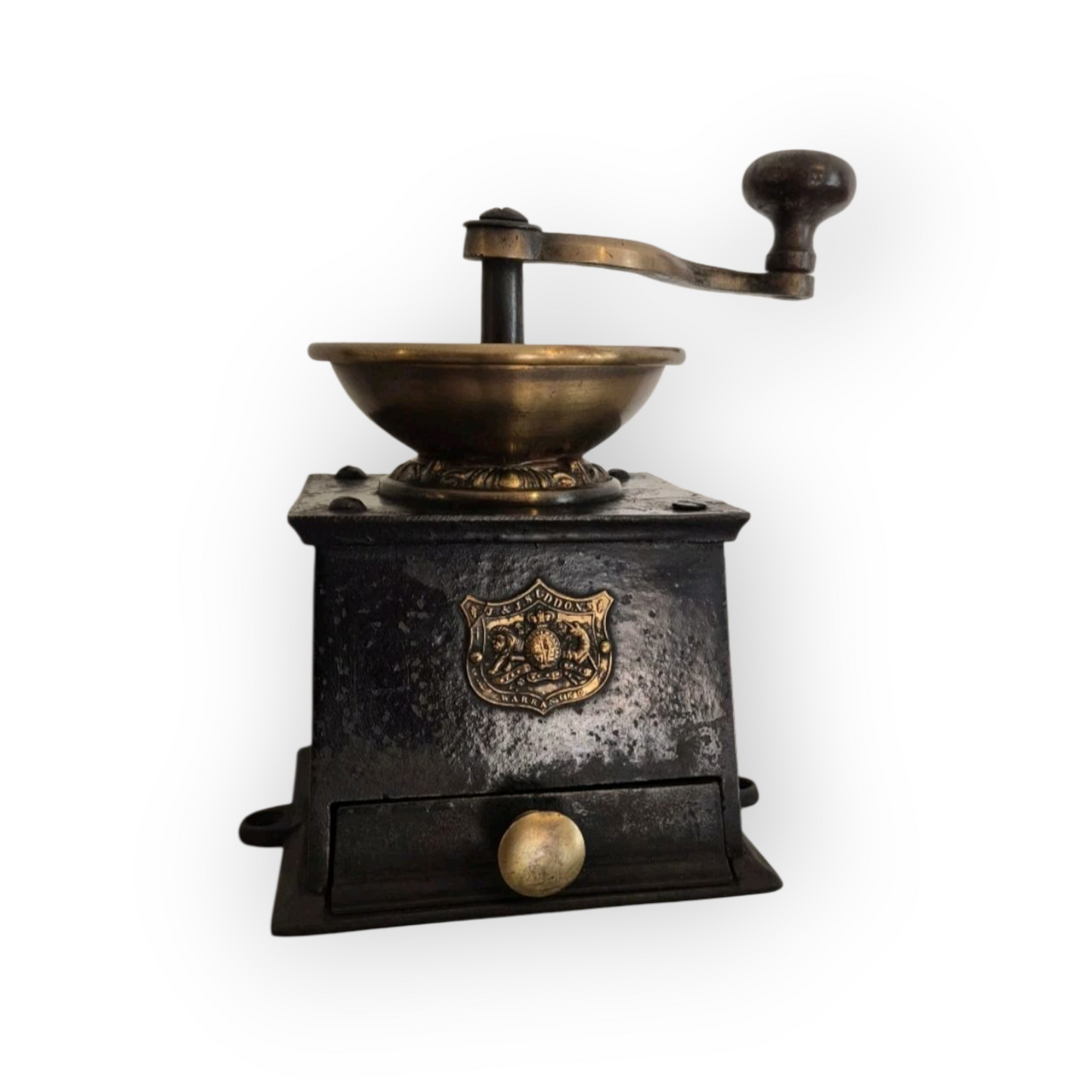 A Good Example Of A 19th-Century English Antique Cast Iron & Brass Coffee Grinder / Mill by J & J Siddons