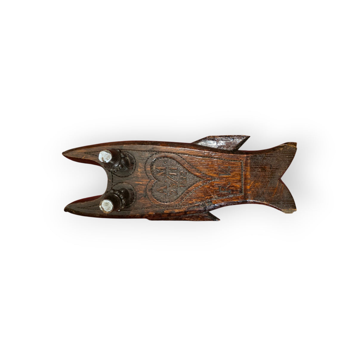 Rare 19th-Century English Antque Folk Art Carved Treen Boot Jack | Fish-Form Treen Love Token (Dated 1873)