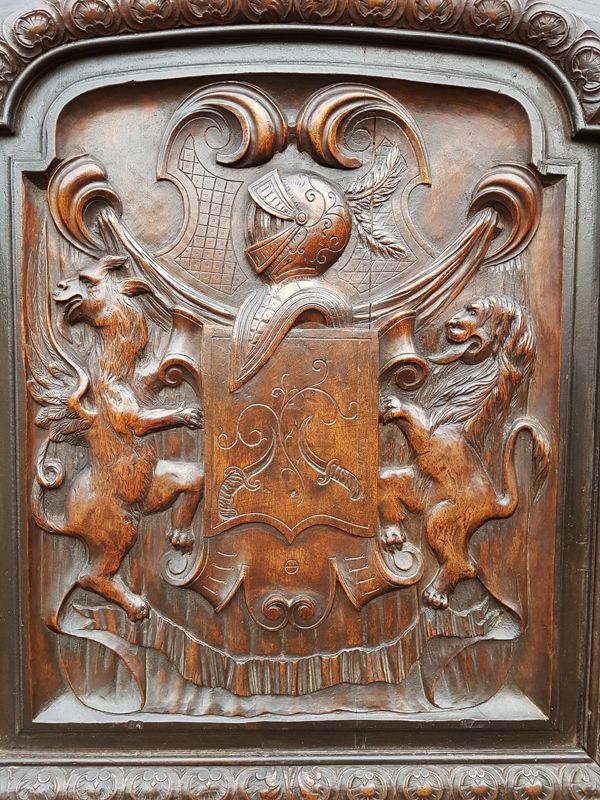 Large and Impressive Late 17th Century French Antique Carved Walnut Overmantel with Armorial Crest