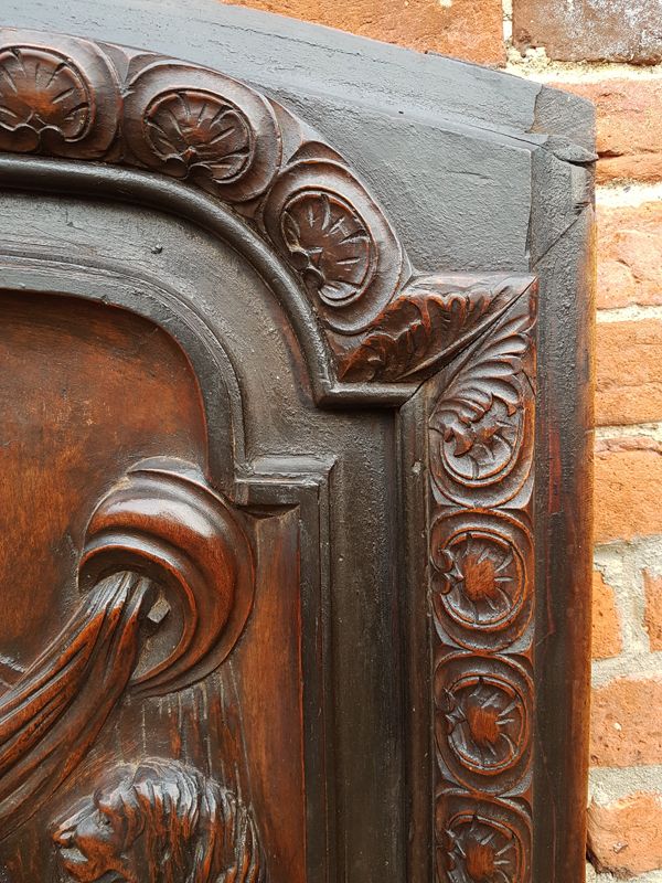 Large and Impressive Late 17th Century French Antique Carved Walnut Overmantel with Armorial Crest