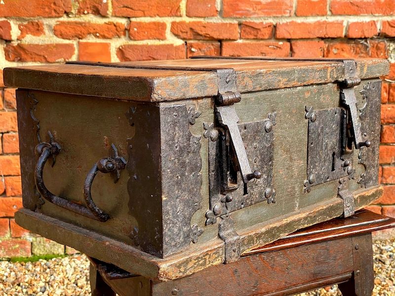 Early 17th Century Dutch Antique Painted Table Top Box with Two Lock Plates