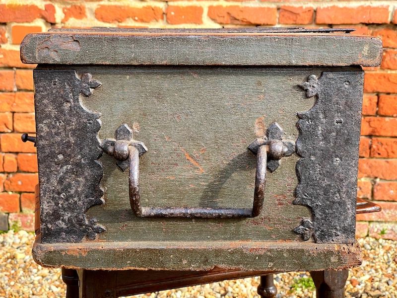Early 17th Century Dutch Antique Painted Table Top Box with Two Lock Plates
