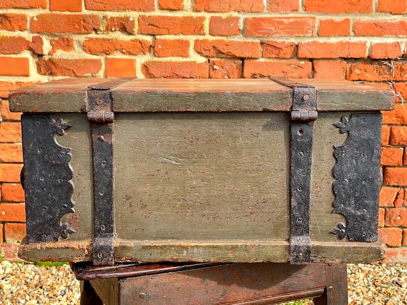 Early 17th Century Dutch Antique Painted Table Top Box with Two Lock Plates