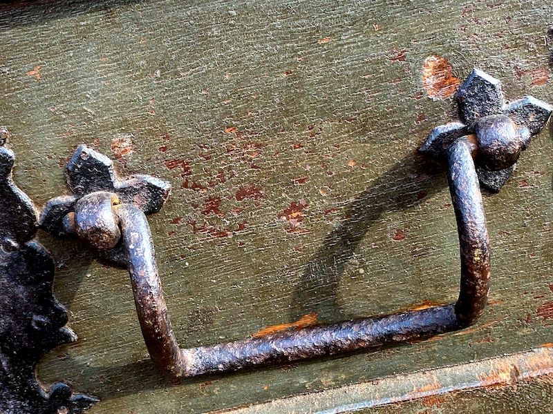 Early 17th Century Dutch Antique Painted Table Top Box with Two Lock Plates