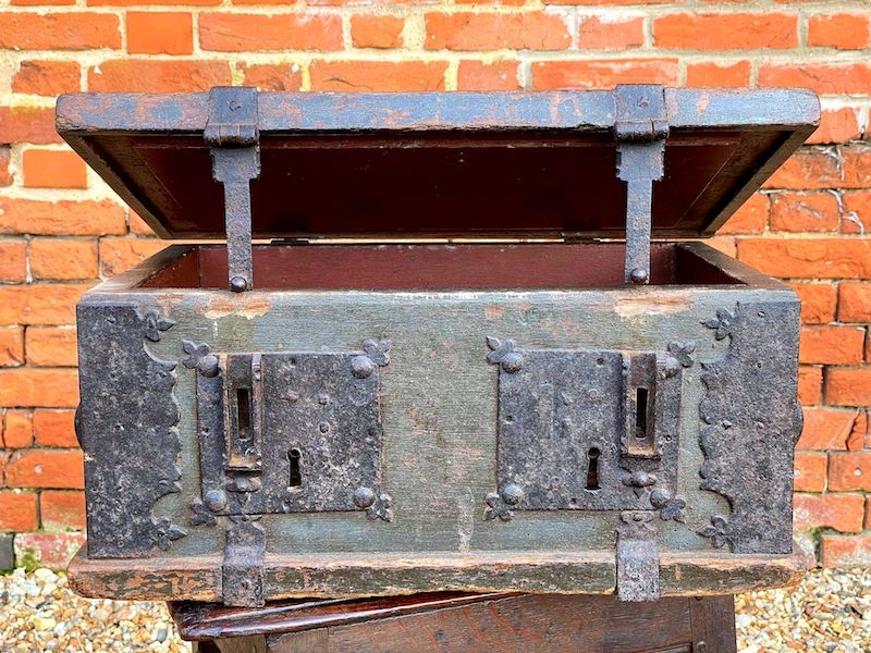 Early 17th Century Dutch Antique Painted Table Top Box with Two Lock Plates