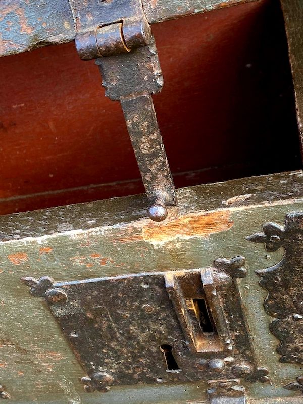 Early 17th Century Dutch Antique Painted Table Top Box with Two Lock Plates