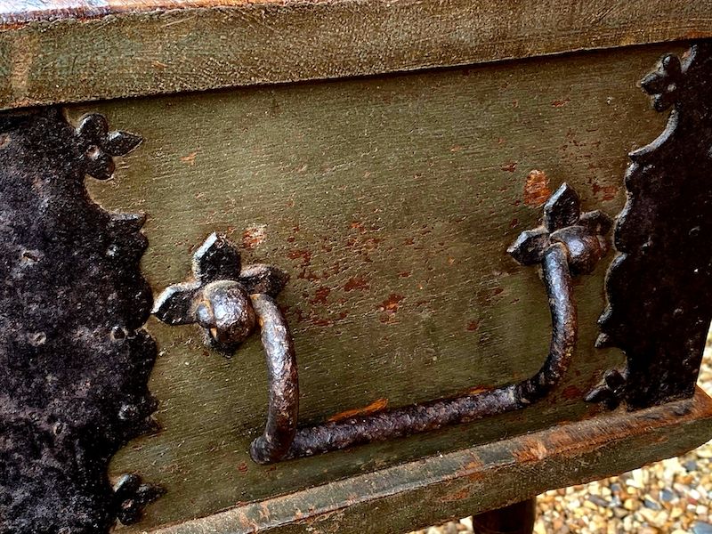 Early 17th Century Dutch Antique Painted Table Top Box with Two Lock Plates