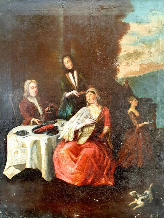 Early 18th Century English School Antique Oil on Canvas Depicting A Family Group Portrait in Attic Found Condition