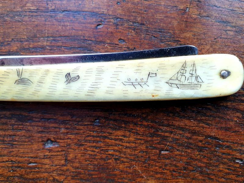 19th Antique Straight Razor or Cut Throat Razor With Scrimshaw Decorated Bone Handle
