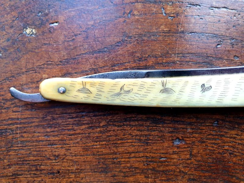 19th Antique Straight Razor or Cut Throat Razor With Scrimshaw Decorated Bone Handle