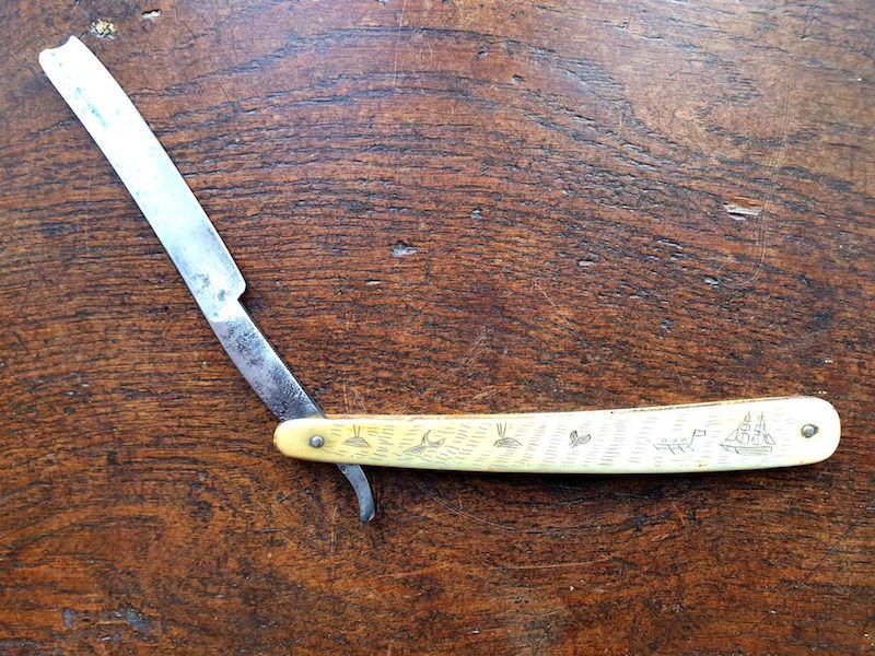 19th Antique Straight Razor or Cut Throat Razor With Scrimshaw Decorated Bone Handle