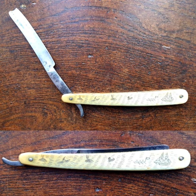 19th Antique Straight Razor or Cut Throat Razor With Scrimshaw Decorated Bone Handle