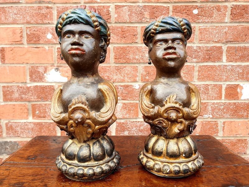 Rare Pair of Early 18th Century Venetian Rococo Period Polychromed Antique Carved Wood Newel Post Finials in the Form of Nubian Heads