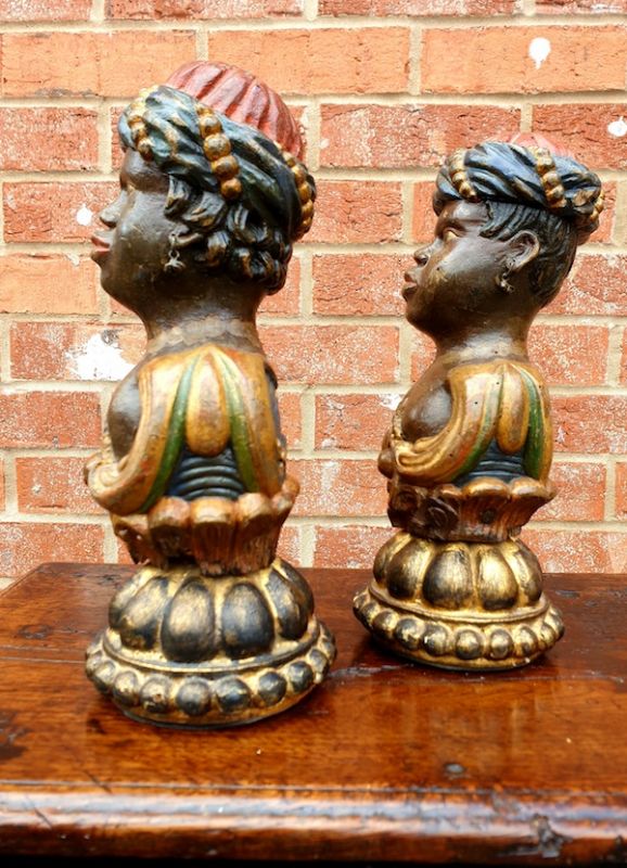 Rare Pair of Early 18th Century Venetian Rococo Period Polychromed Antique Carved Wood Newel Post Finials in the Form of Nubian Heads