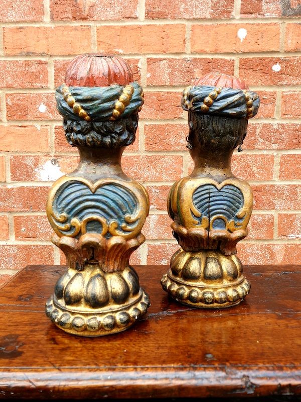 Rare Pair of Early 18th Century Venetian Rococo Period Polychromed Antique Carved Wood Newel Post Finials in the Form of Nubian Heads