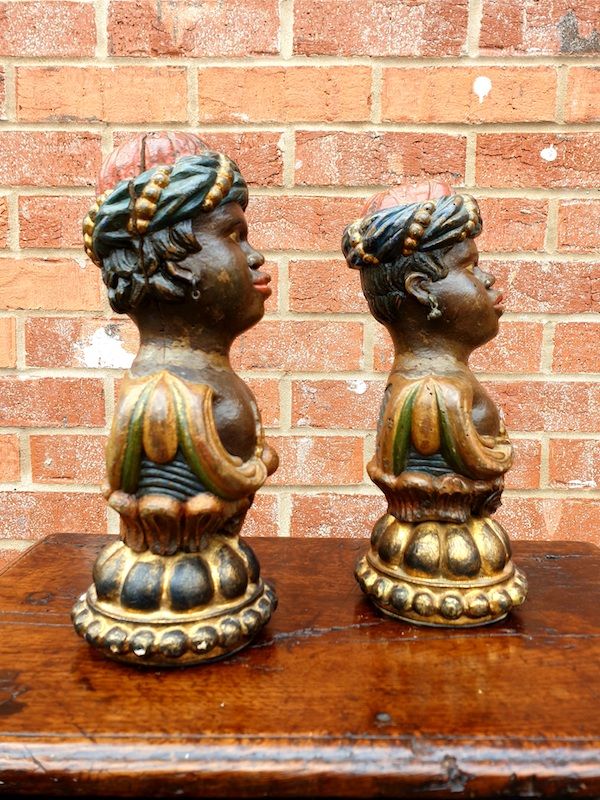 Rare Pair of Early 18th Century Venetian Rococo Period Polychromed Antique Carved Wood Newel Post Finials in the Form of Nubian Heads