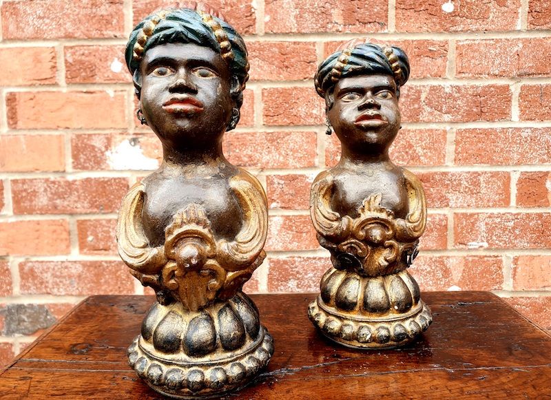 Rare Pair of Early 18th Century Venetian Rococo Period Polychromed Antique Carved Wood Newel Post Finials in the Form of Nubian Heads