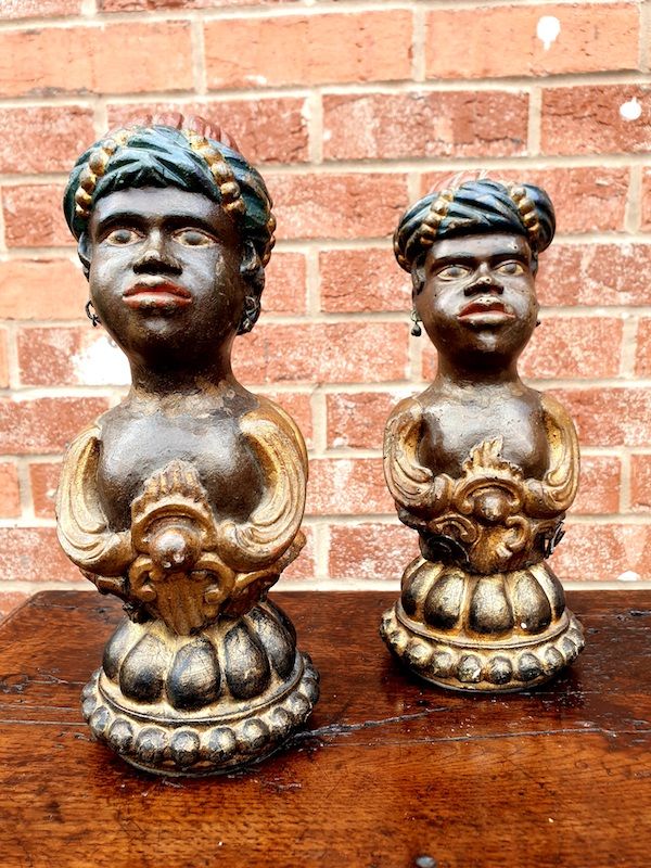 Rare Pair of Early 18th Century Venetian Rococo Period Polychromed Antique Carved Wood Newel Post Finials in the Form of Nubian Heads