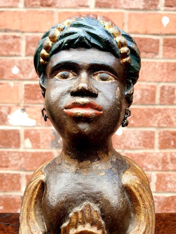 Rare Pair of Early 18th Century Venetian Rococo Period Polychromed Antique Carved Wood Newel Post Finials in the Form of Nubian Heads