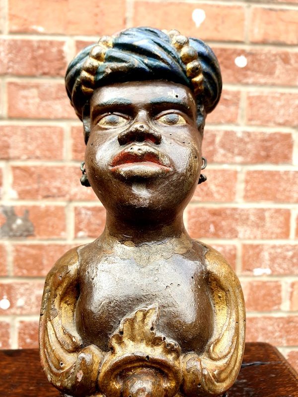 Rare Pair of Early 18th Century Venetian Rococo Period Polychromed Antique Carved Wood Newel Post Finials in the Form of Nubian Heads