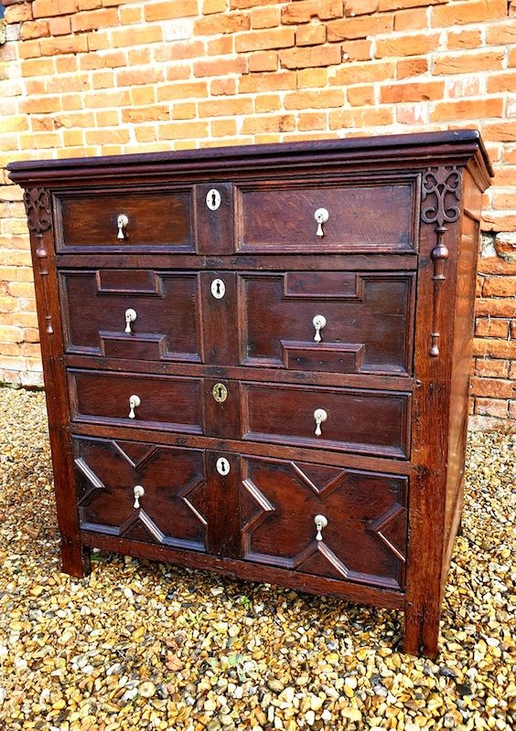 17th Century English Antique Oak Geometric Chest of Drawers, Circa 1680